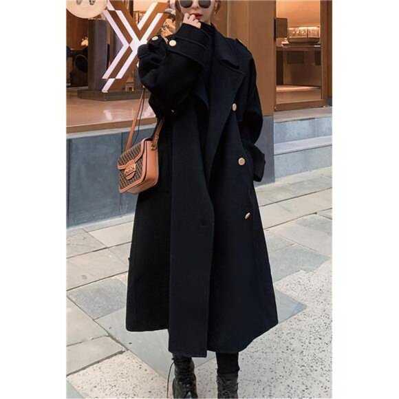 Women's Winter Double Breasted Midi Long Wool Pea Coat Notch Lapel Winter Coat - Picture 3 of 7